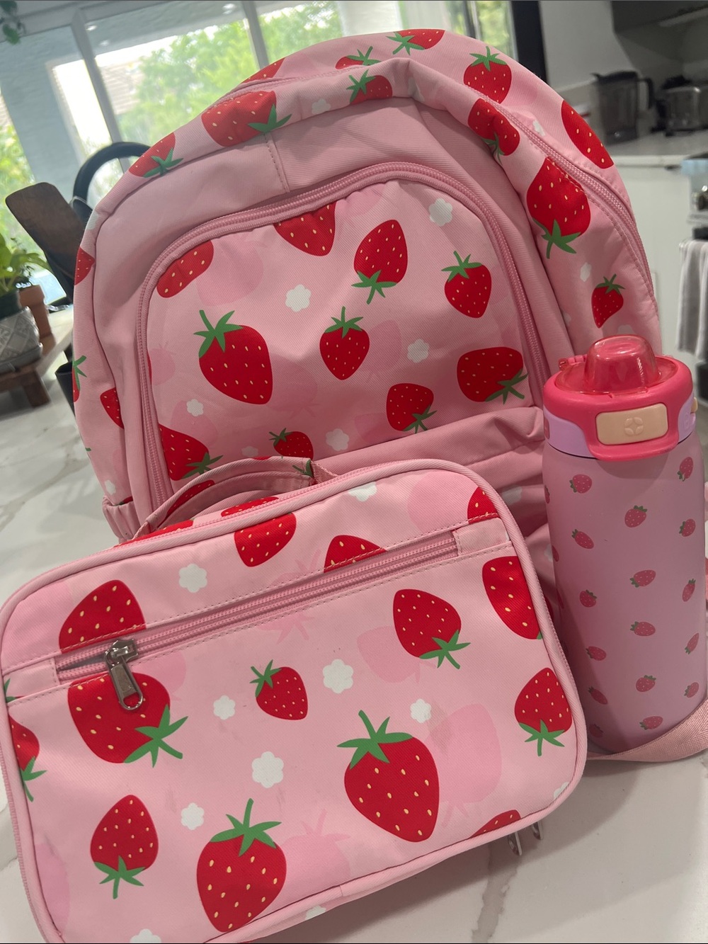 Pink Strawberry Kids Backpack Set with Lunch Bag and Bottle